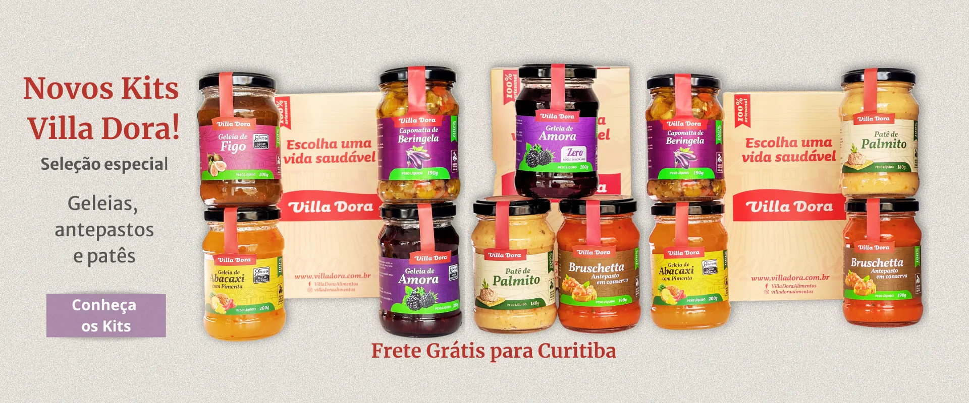 Kits Villa Dora, frete grátis para Curitiba, geleias, antepastos e patês.